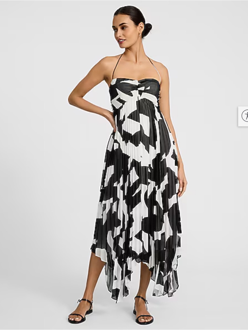 Express Black & White Strapless Pleated Handkerchief-Hem Midi Dress